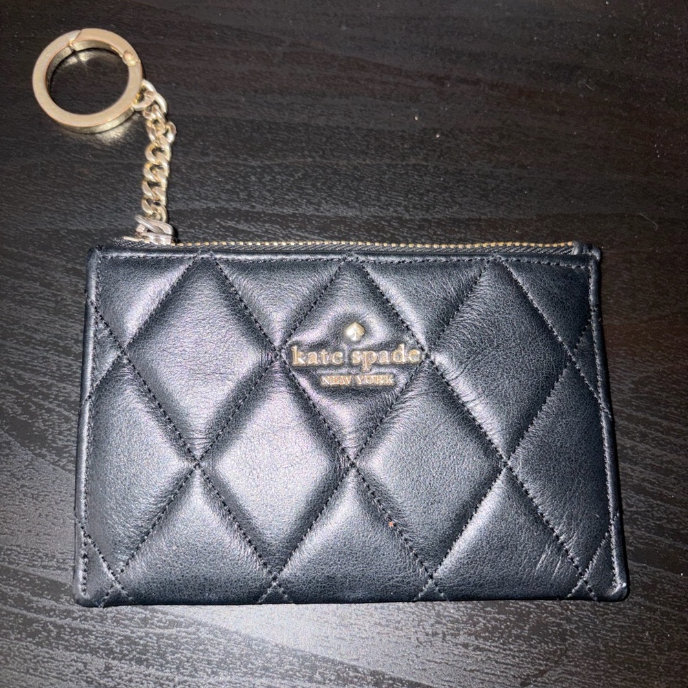 kate spade Quilted Black Leather Key & Card Pouch with Gold Hardware